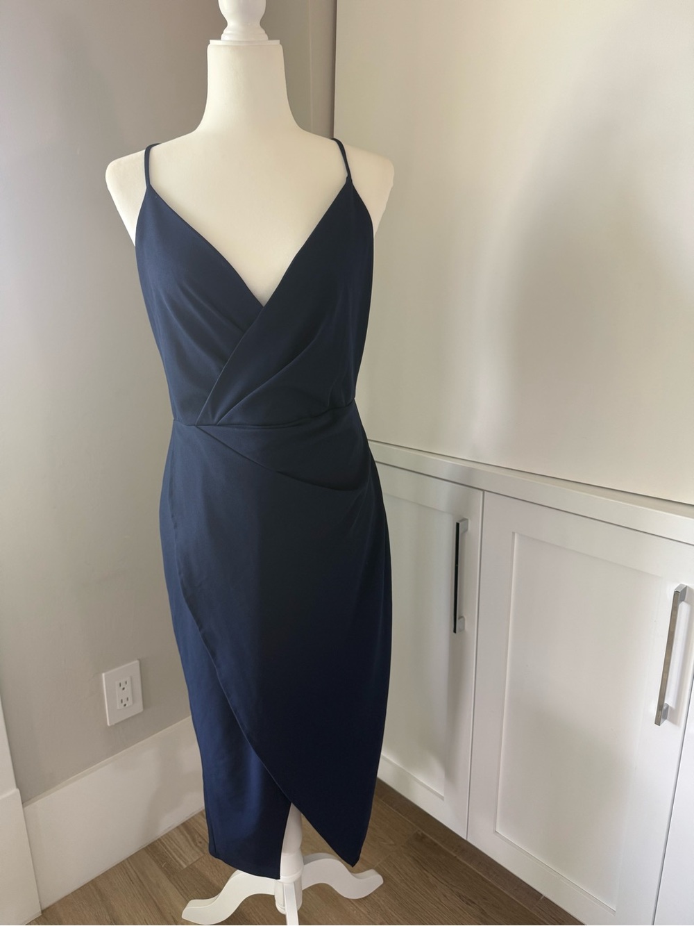 Betsey Johnson Navy Faux-Wrap Spaghetti Strap Midi Dress